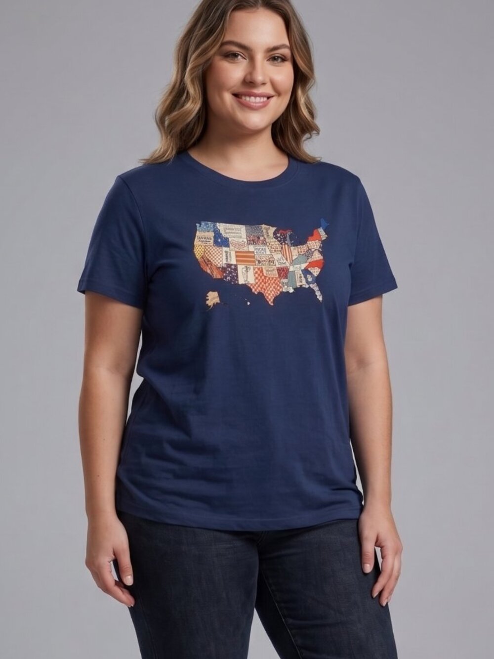 NWOT | Navy Blue USA Patchwork Map Graphic T-Shirt Inspirational | XL